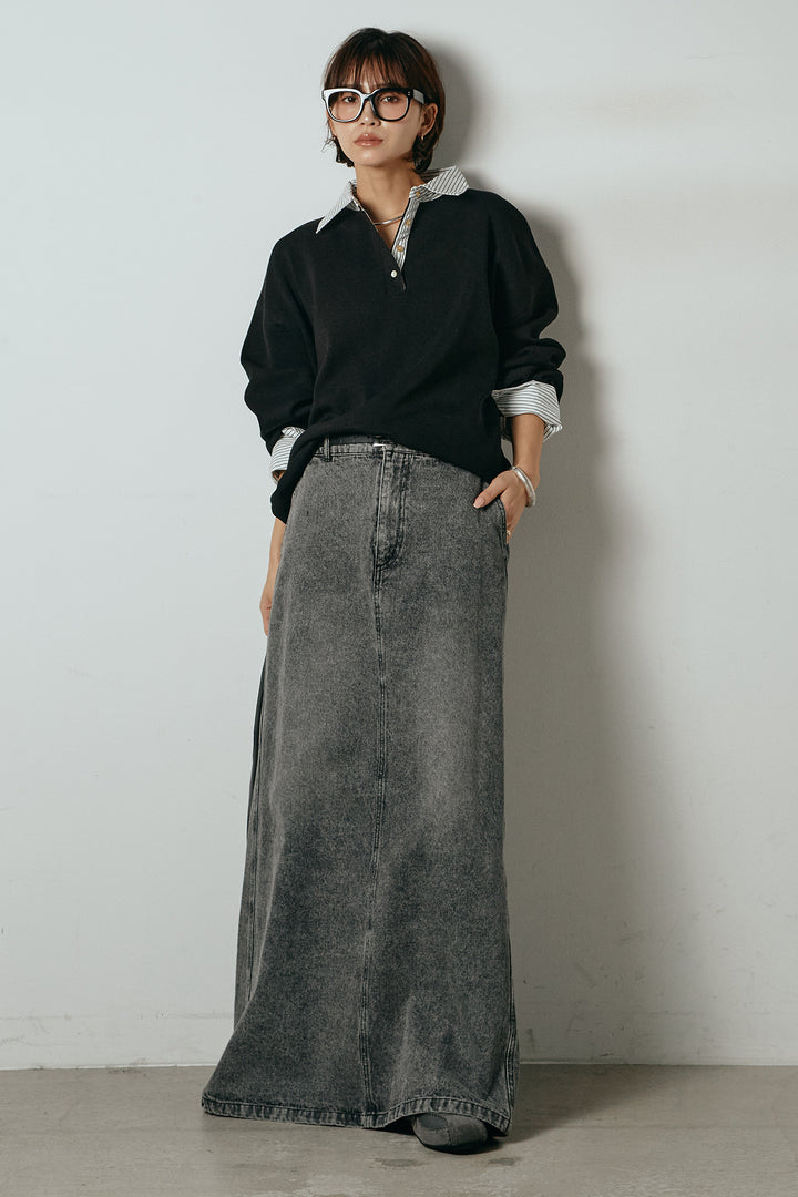 [SET]ストライプシャツドッキングポロトップス+デニムロングフレアスカート(2set)