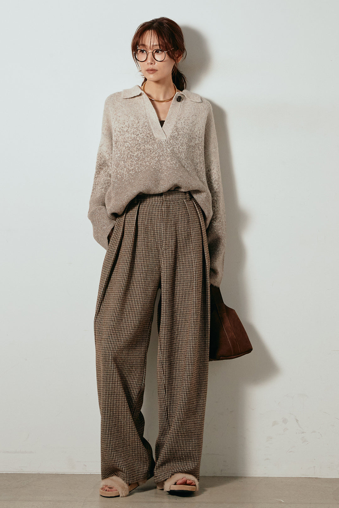 [SET]グラデーションラメニットキーネックプルオーバー+ガンクラブチェックタックパンツ(2set)