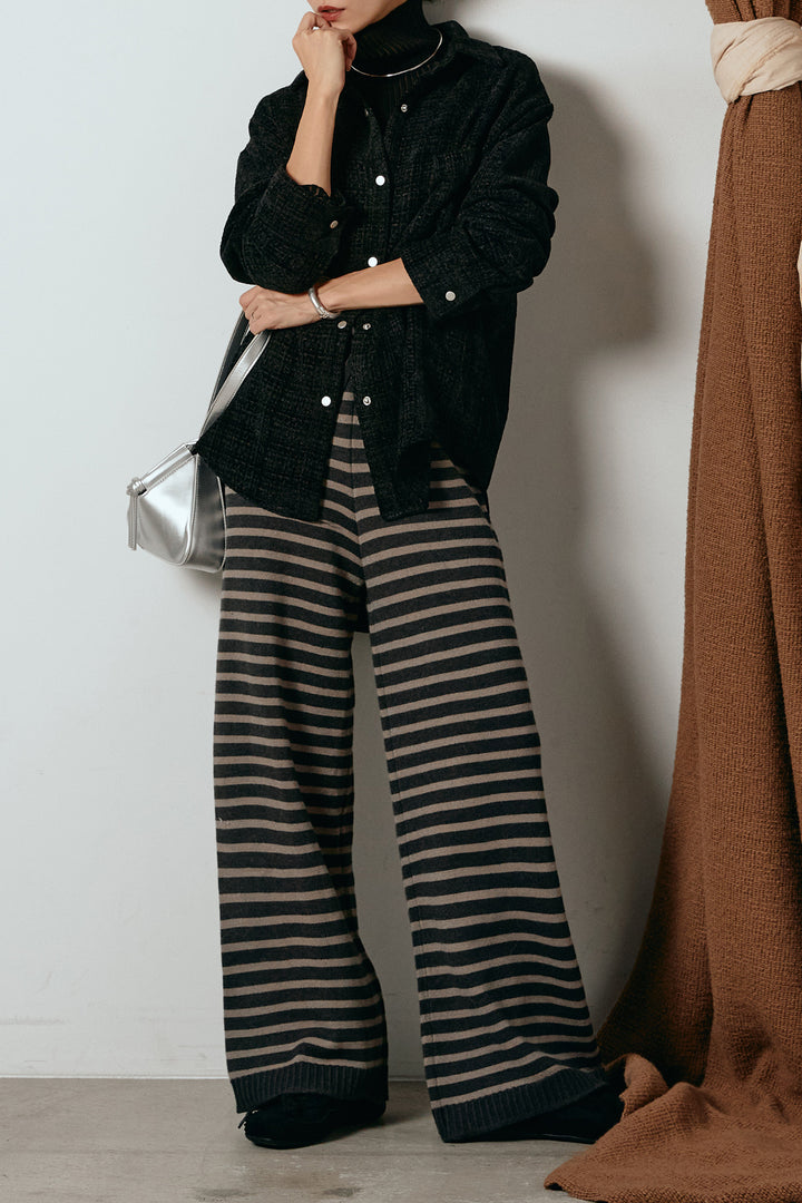 [SET]ルーズクラッシュツイルシャツ+リブニットシームレスタートルプルオーバー+ボーダーリラックスニットパンツ(3set)