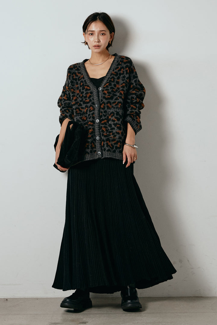 [SET]ステッチデザインレオパードニットカーディガン+リブニットフレアスカート(2set)