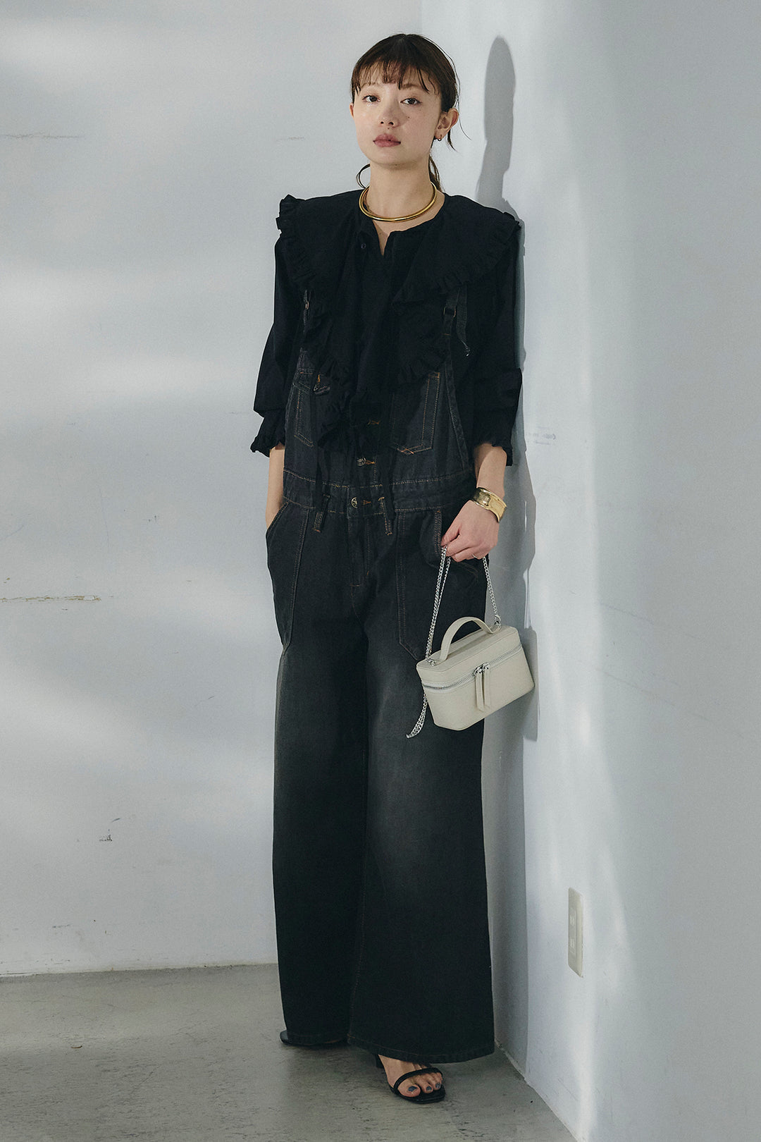 [SET]コットンフリルブラウス+デニムサロペットワイドパンツ(2set)