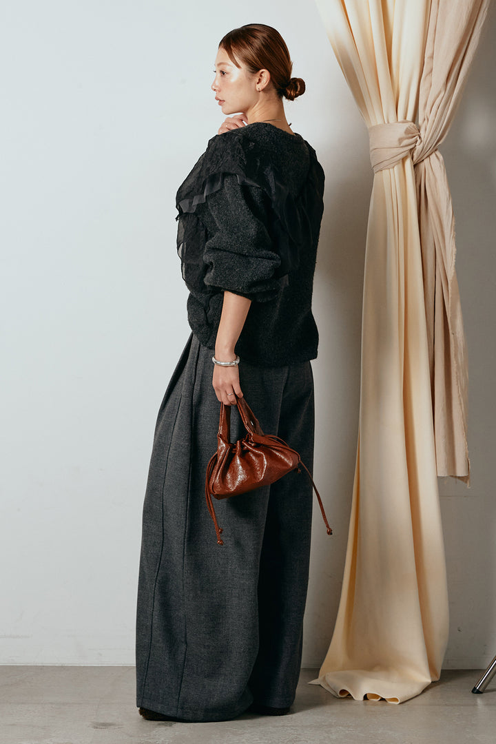 [SET]アシンメトリーフリルニットトップス+ポーチベルト付きカーブパンツ(2set)