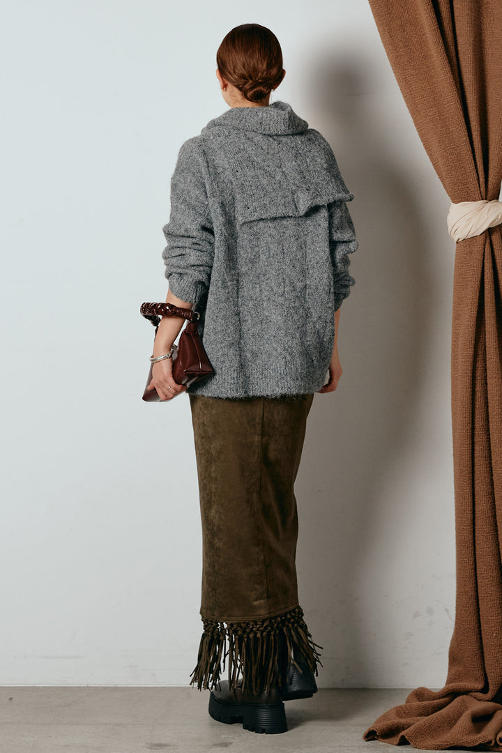 [SET]ケープデザインケーブルニットトップス+スウェードライク裾フリンジスカート(2set)