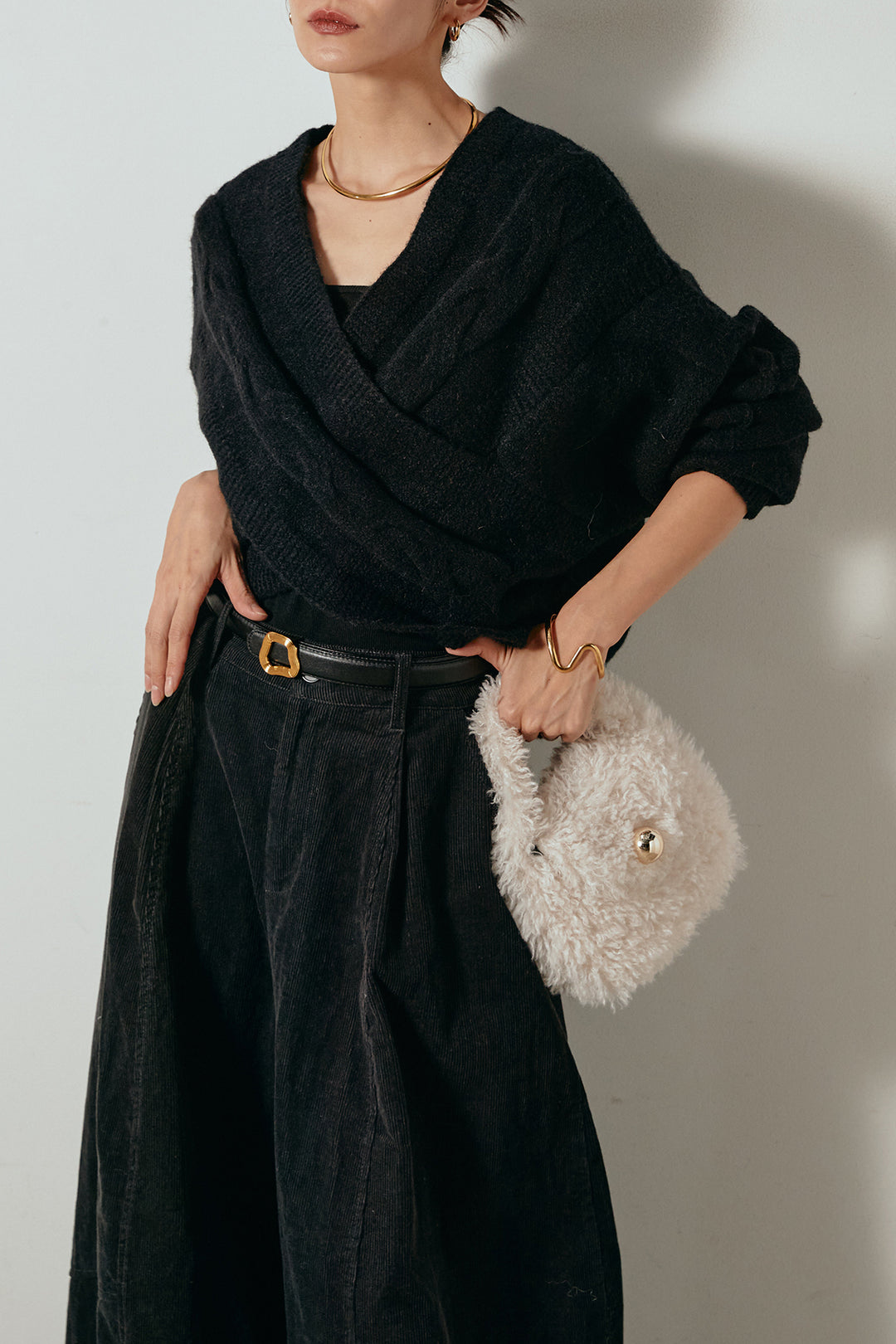 [SET]ケーブルカシュクールニットトップス+タック入りコーデュロイワイドパンツ(2set)