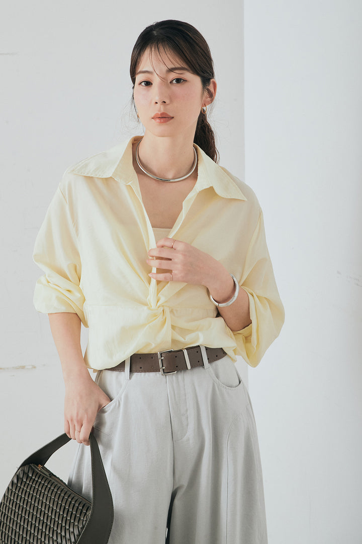 [SET]裾巻きツイストデザインシャツ+ベルト付きサイドタックワイドパンツ(2set)