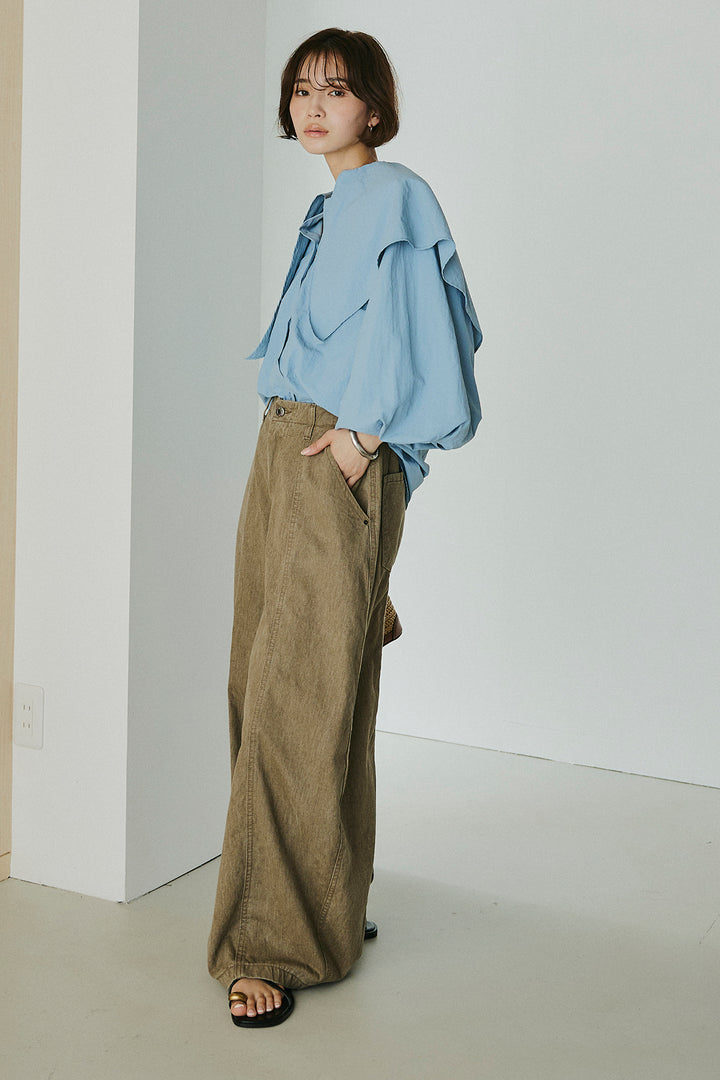 [SET]ケープカラーナイロンブラウス+サイドベルトカーブワイドパンツ(2set)