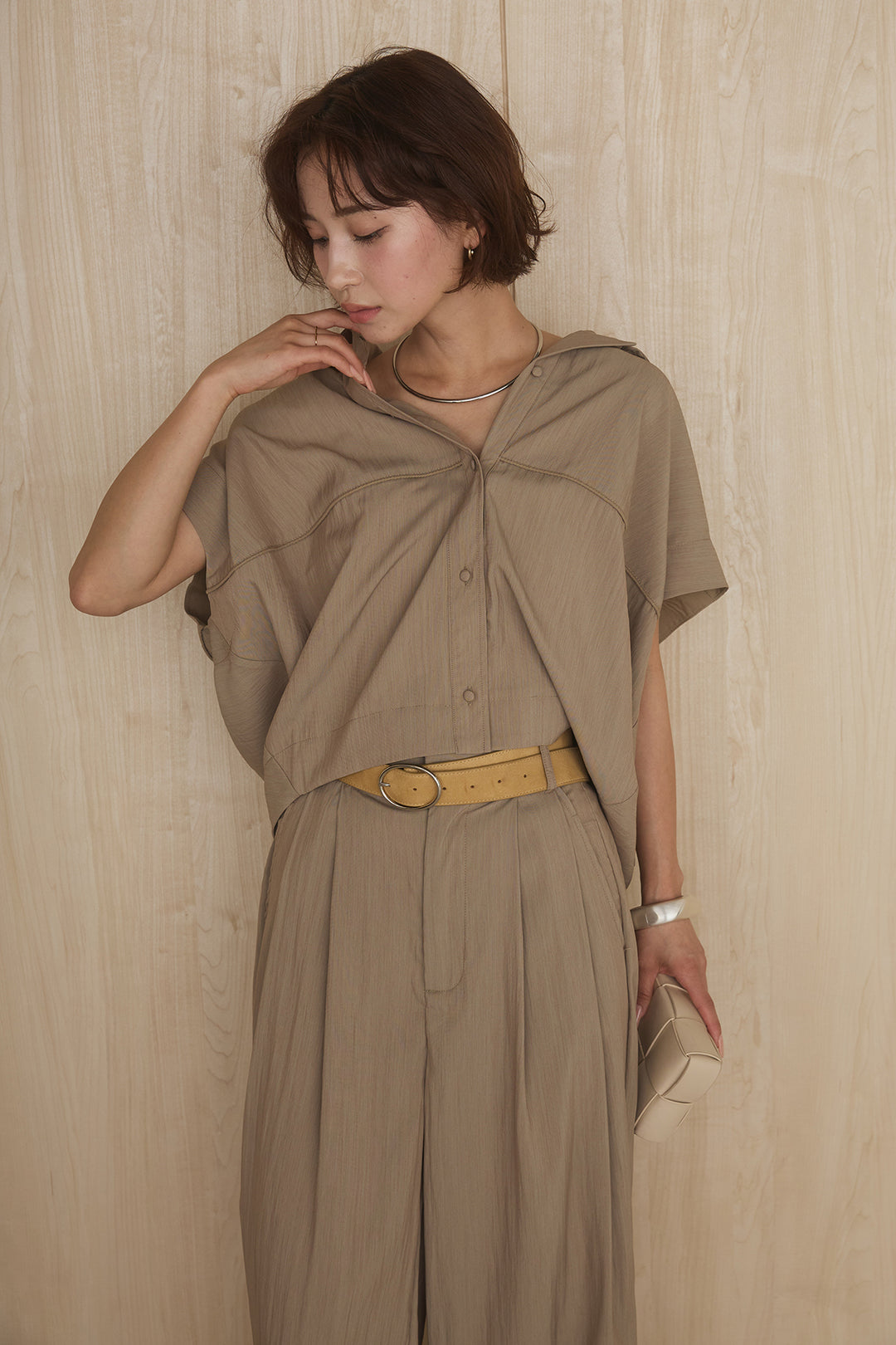 [SET]リネンライクランタンノースリシャツ+リネンライク2タックワイドパンツ(2set)