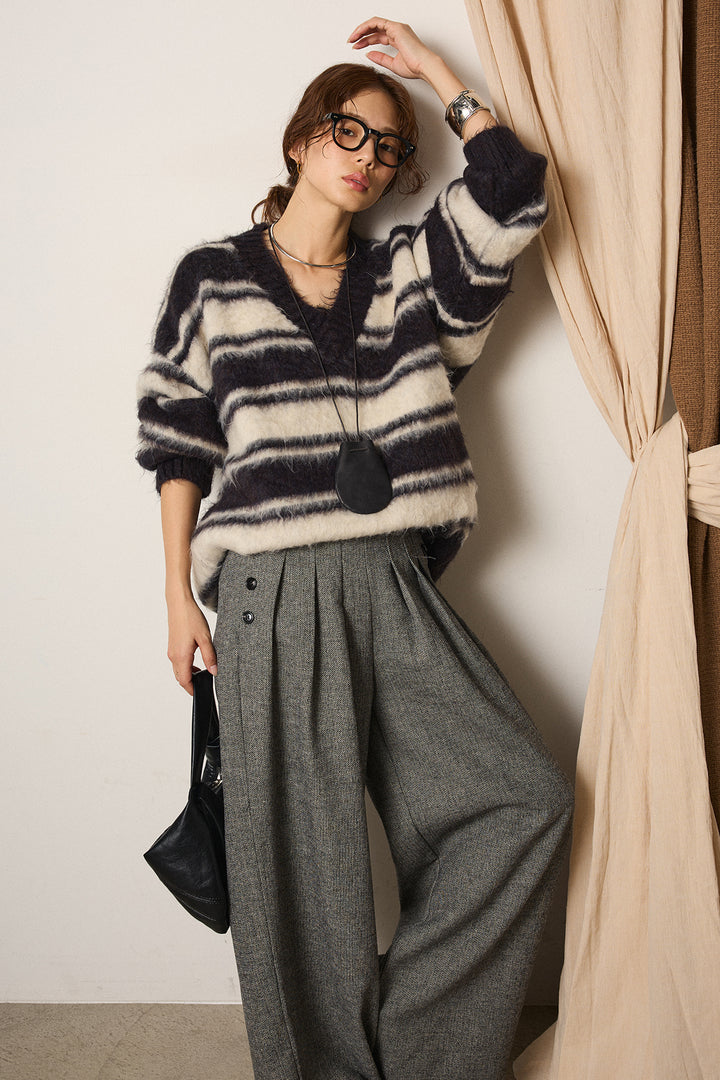 [SET]ルーズVネックボーダーニットトップス+サイドボタンツイードタックパンツ(2set)