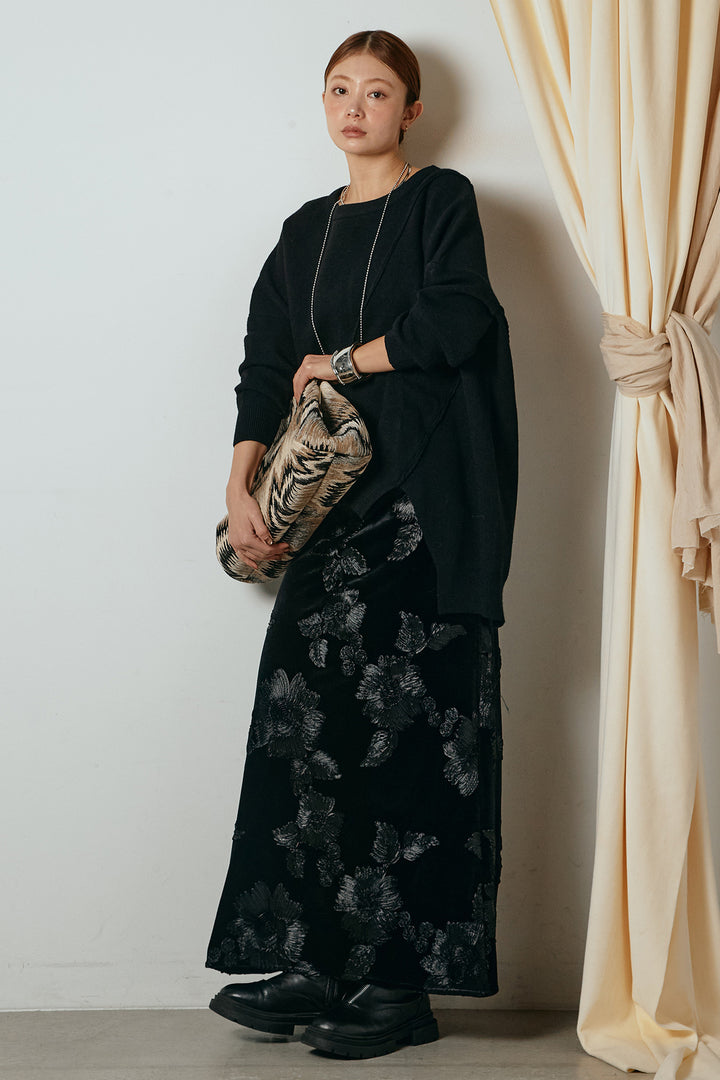 [SET]アシンメトリーデザインニットトップス+フラワー刺繍ワイドスカート(2set)