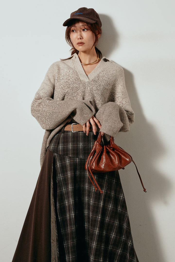 [SET]グラデーションラメニットキーネックプルオーバー+フェイクレザーベルト付き切り替えタータンチェックスカート(2set)