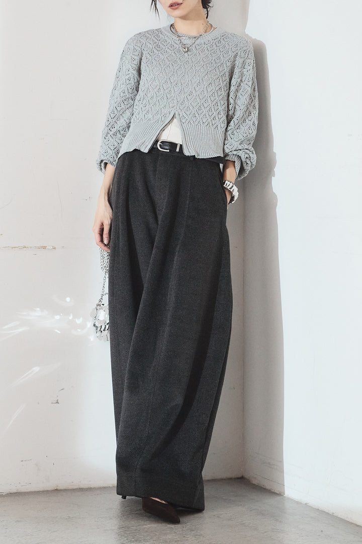 [SET]透かし編みニットジップスリットプルオーバー+ウールタッチカーブワイドパンツ(2set)