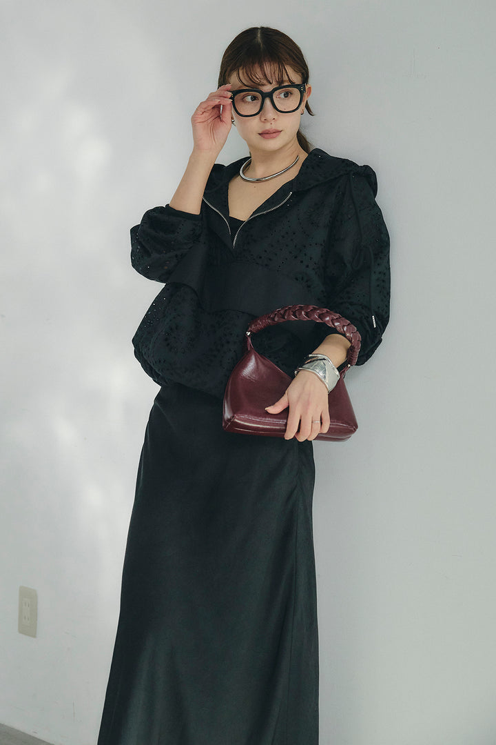 [SET]レースハーフジップアップフーディー+バイアスナローサテンスカート(2set)