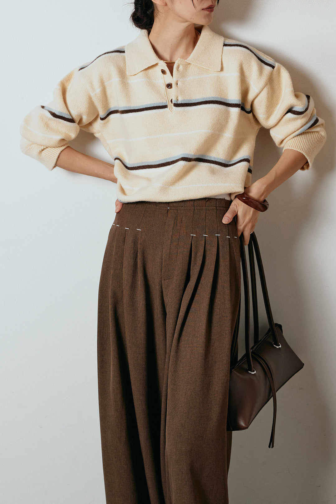 [SET]襟付きマルチボーダーニットポロトップス+ウエストステッチデザインワイドスラックス(2set)
