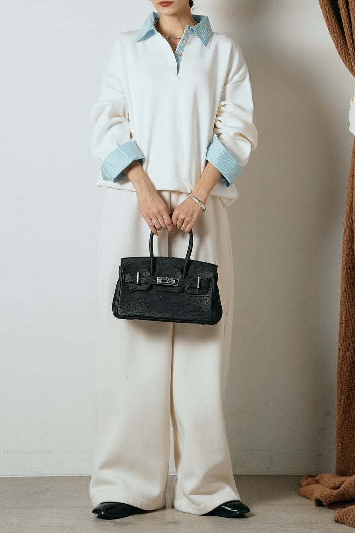 [SET]ストライプシャツドッキングポロトップス+裏起毛スウェットワイドパンツ(2set)