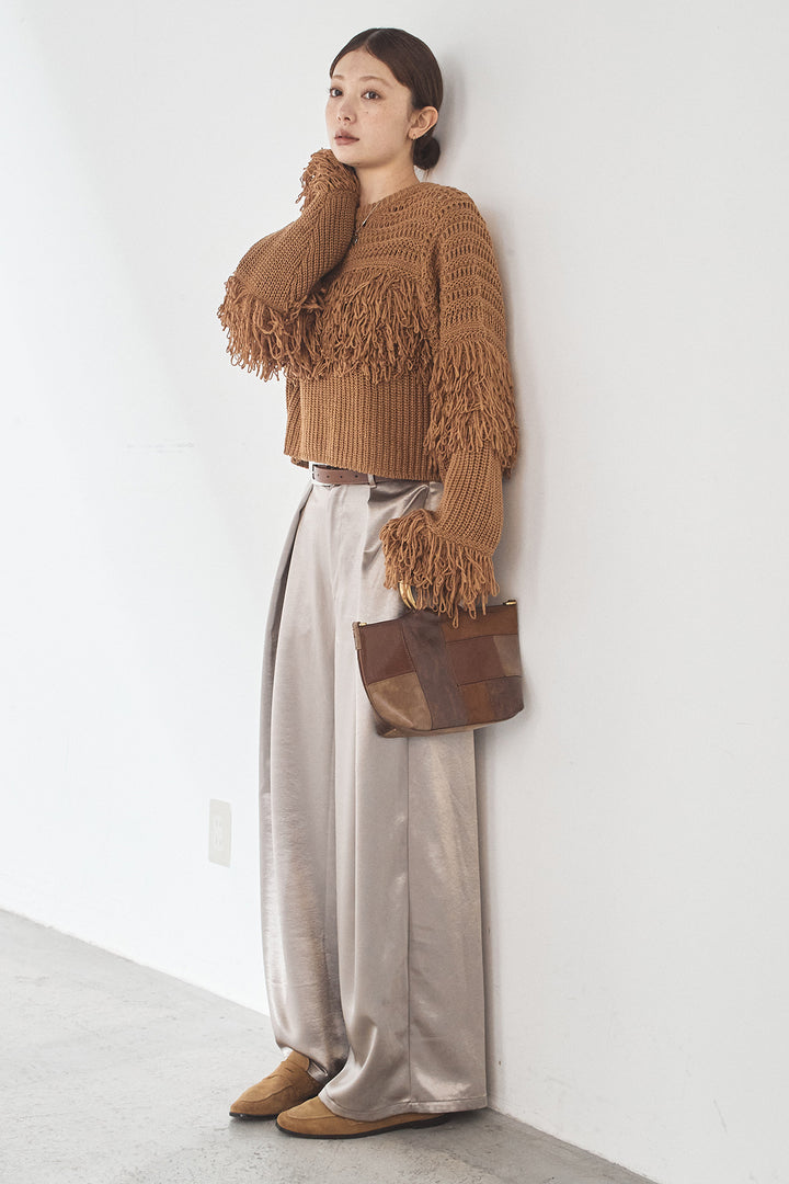 [SET]メッシュフリンジ切り替えプルオーバー+サテンタックワイドパンツ(2set)