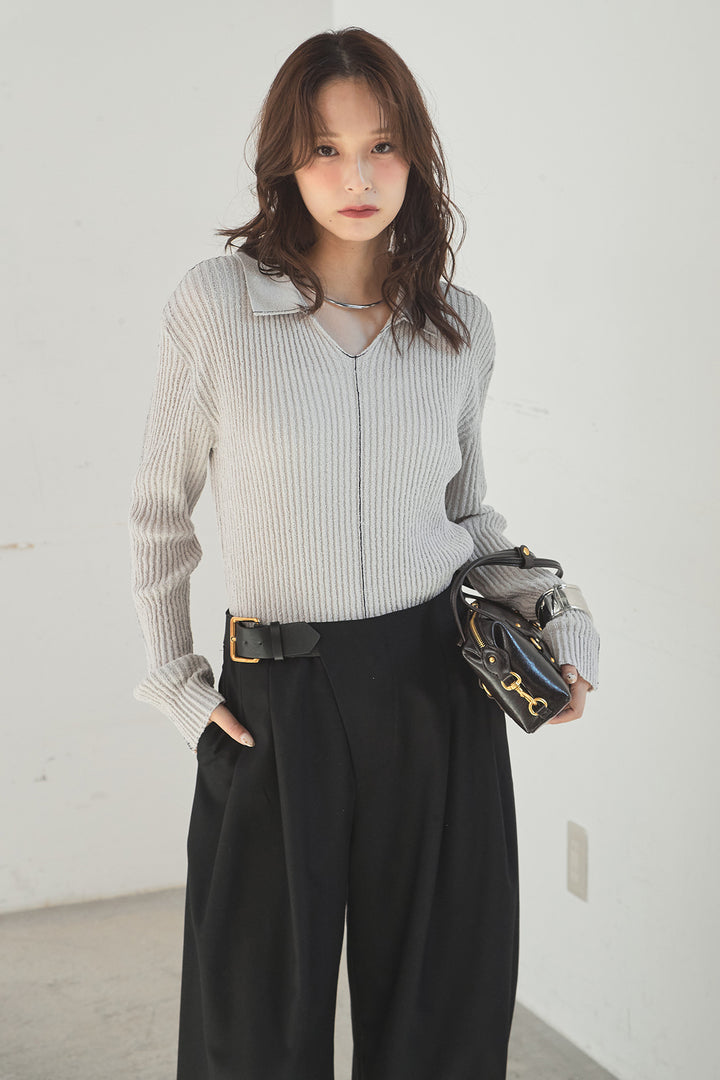 [SET]衿付きニットプルオーバー+サイドベルトタック入りスラックス(2set)