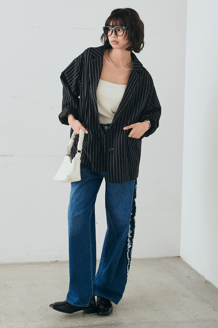 [SET]リネンライクストライプテーラードジャケット+デニムサイドフリルパンツ(2set)