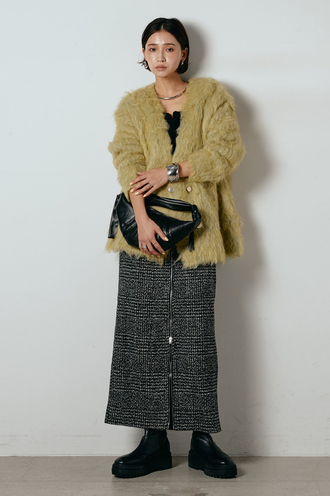 [SET]ウェーブシャギーニットジャケット+グレンチェック柄フロントジップタイトスカート(2set)