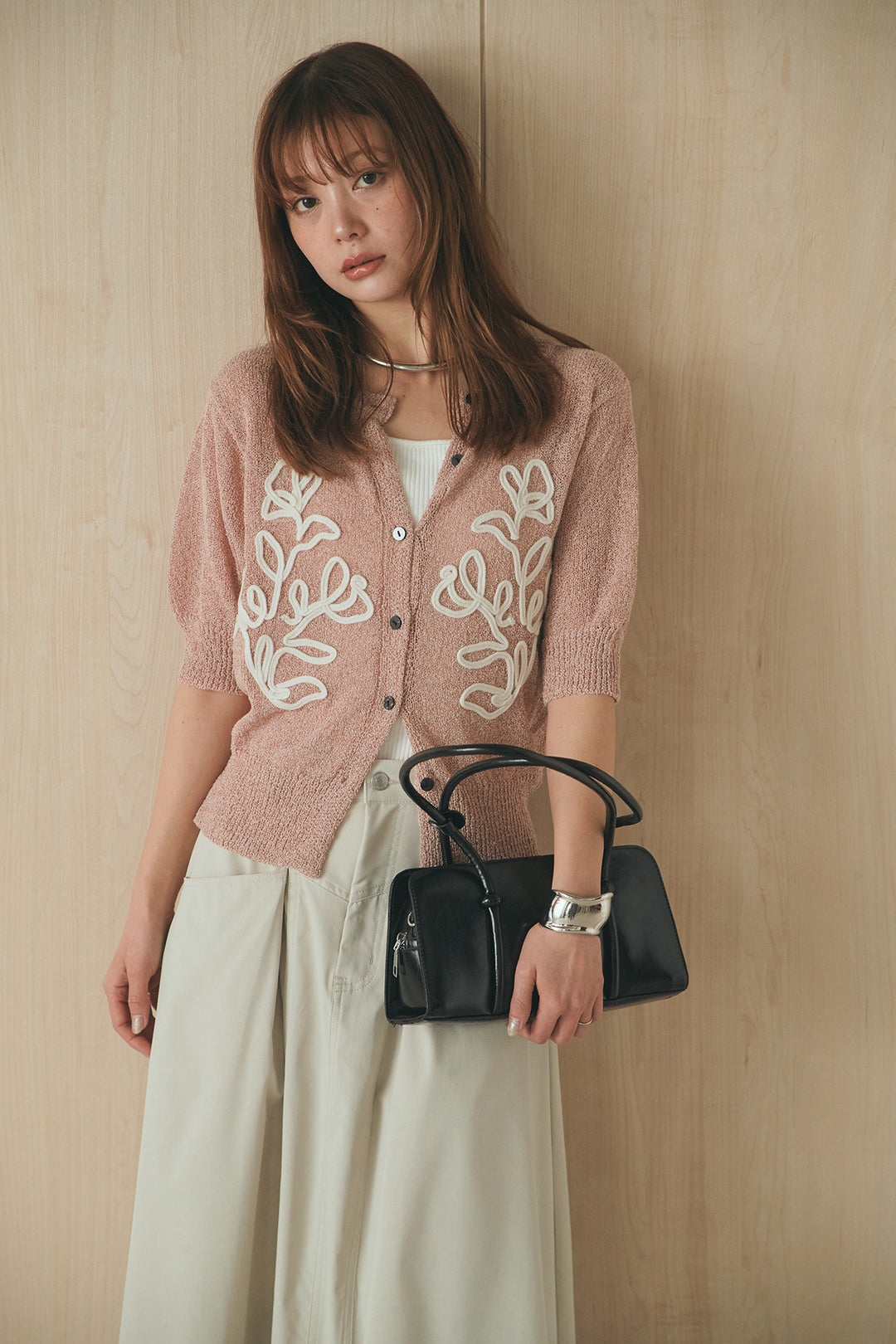 [SET]フロントテープデザイン半袖カーディガン+ミリタリーツイルタックフレアスカート(2set)