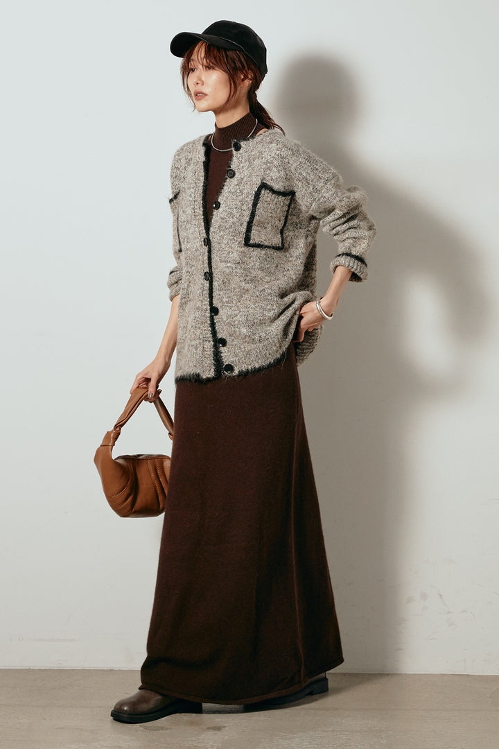 [SET]ミックスニットポケットカーディガン+ノースリーブニットロングワンピース(2set)