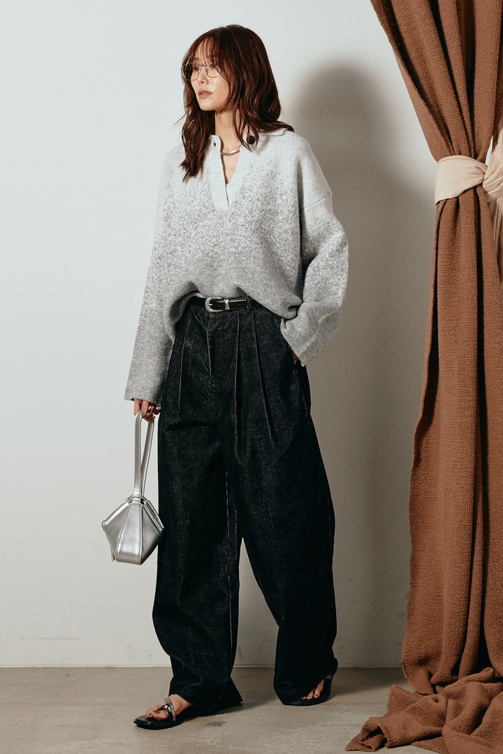 [SET]グラデーションラメニットキーネックプルオーバー+フロントタック入りコーデュロイパンツ(2set)