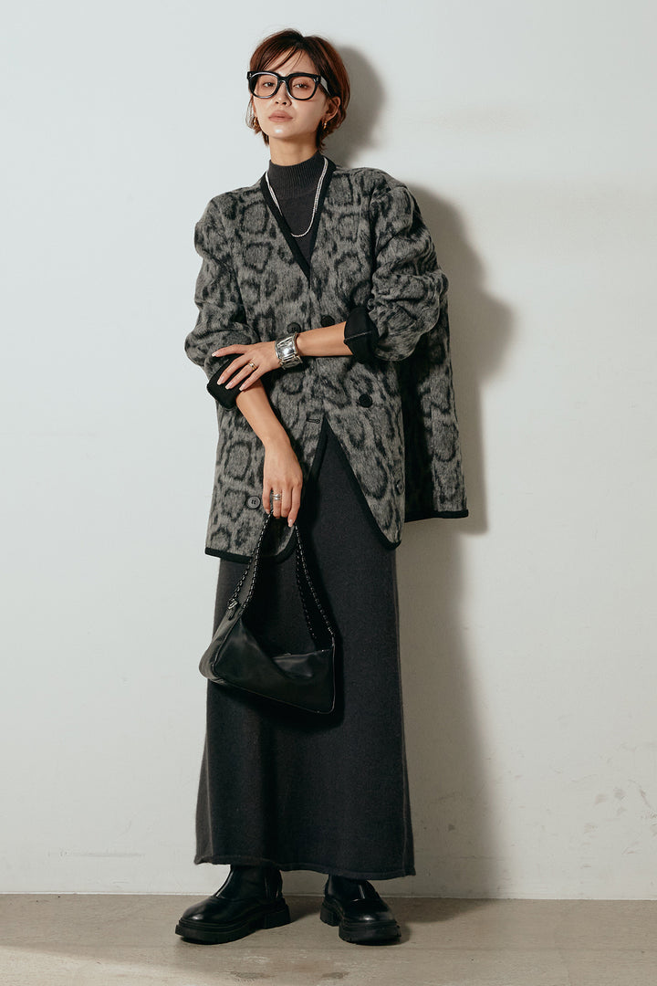 [SET]ノーカラーレオパード柄アウター+ノースリーブニットロングワンピース(2set)
