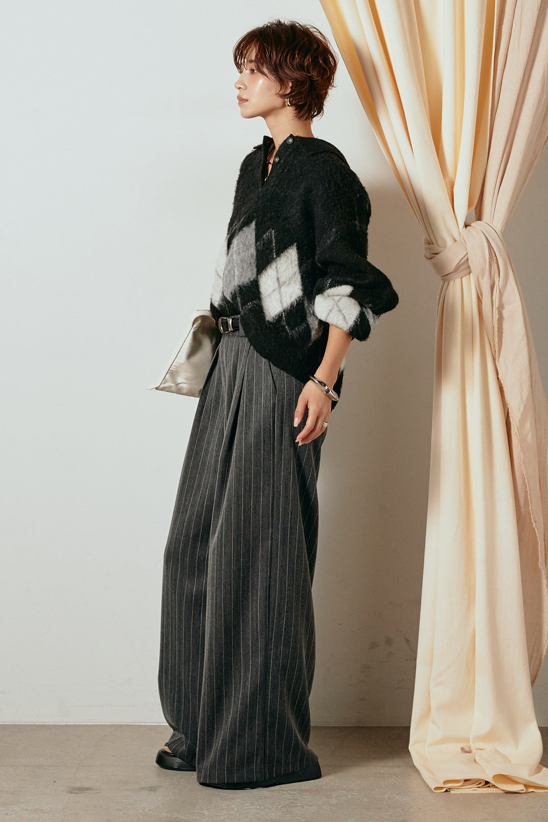 [SET]アーガイル柄ポロニットトップス+ストライプヘリンボーンパンツ(2set)