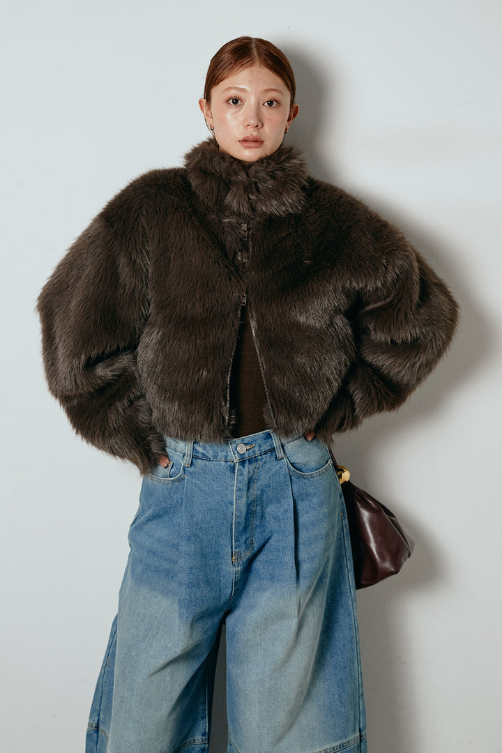 [SET]エコファーショート丈ブルゾン+加工デニムタックコクーンワイドパンツ(2set)