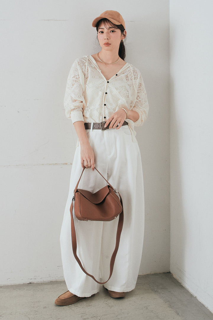 [SET]ブロックレースフード付きブラウス+ベルト付きサイドタックワイドパンツ(2set)