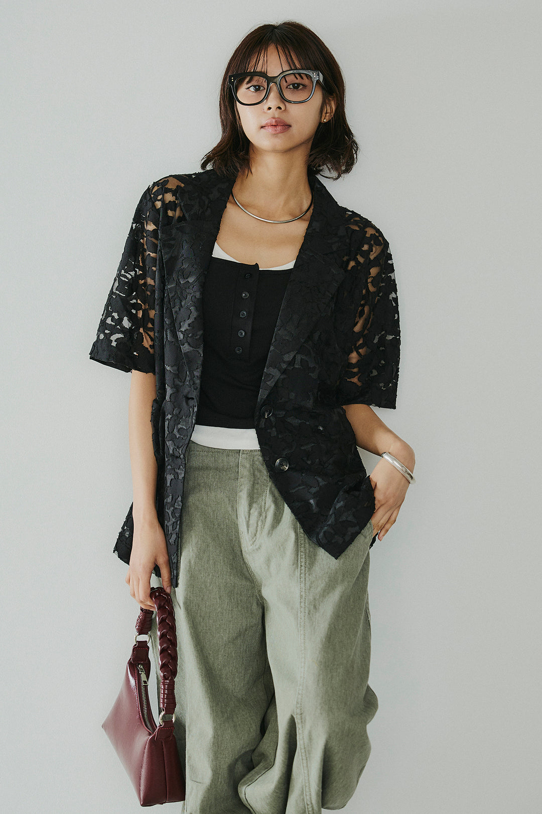 [SET]シアージャガードハーフスリーブテーラードジャケット+サイドベルトカーブワイドパンツ+配色ヘンリーネックタンクトップ(3set)