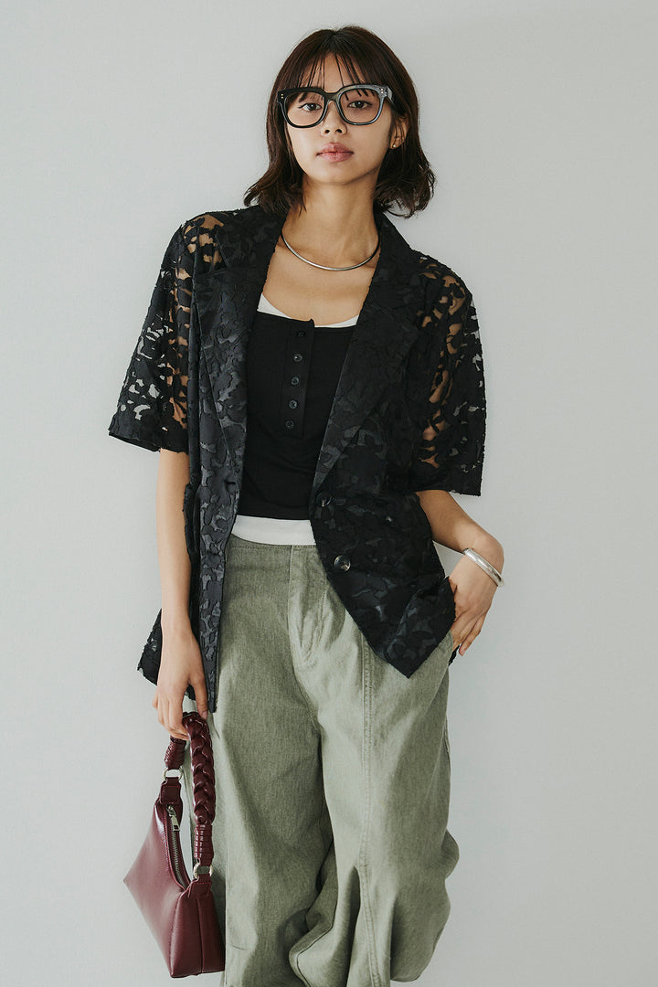 [SET]シアージャガードハーフスリーブテーラードジャケット+サイドベルトカーブワイドパンツ+配色ヘンリーネックタンクトップ(3set)