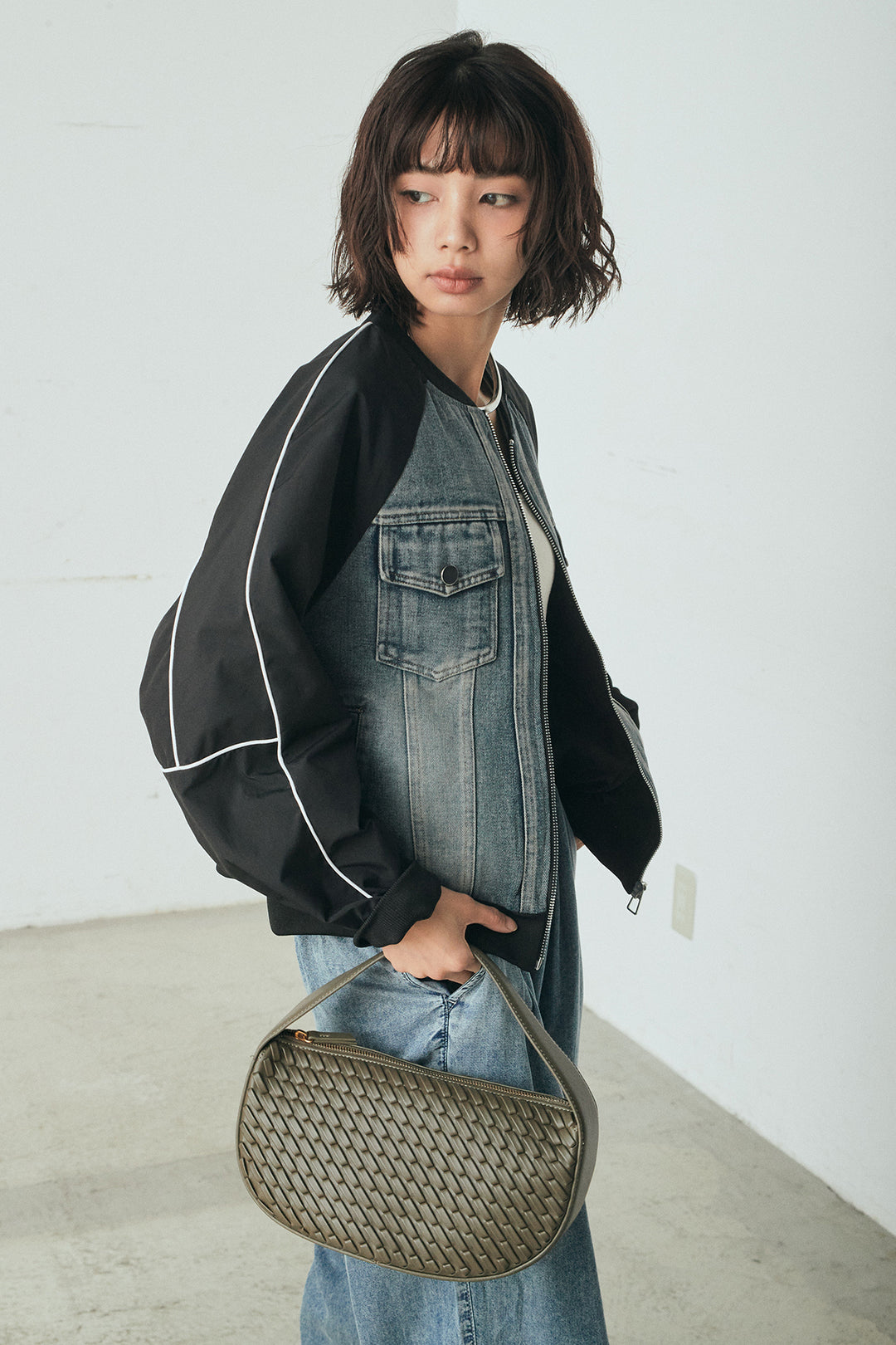 [SET]ナイロンデニムドッキングブルゾン+テンセルデニムイージーワイドパンツ(2set)