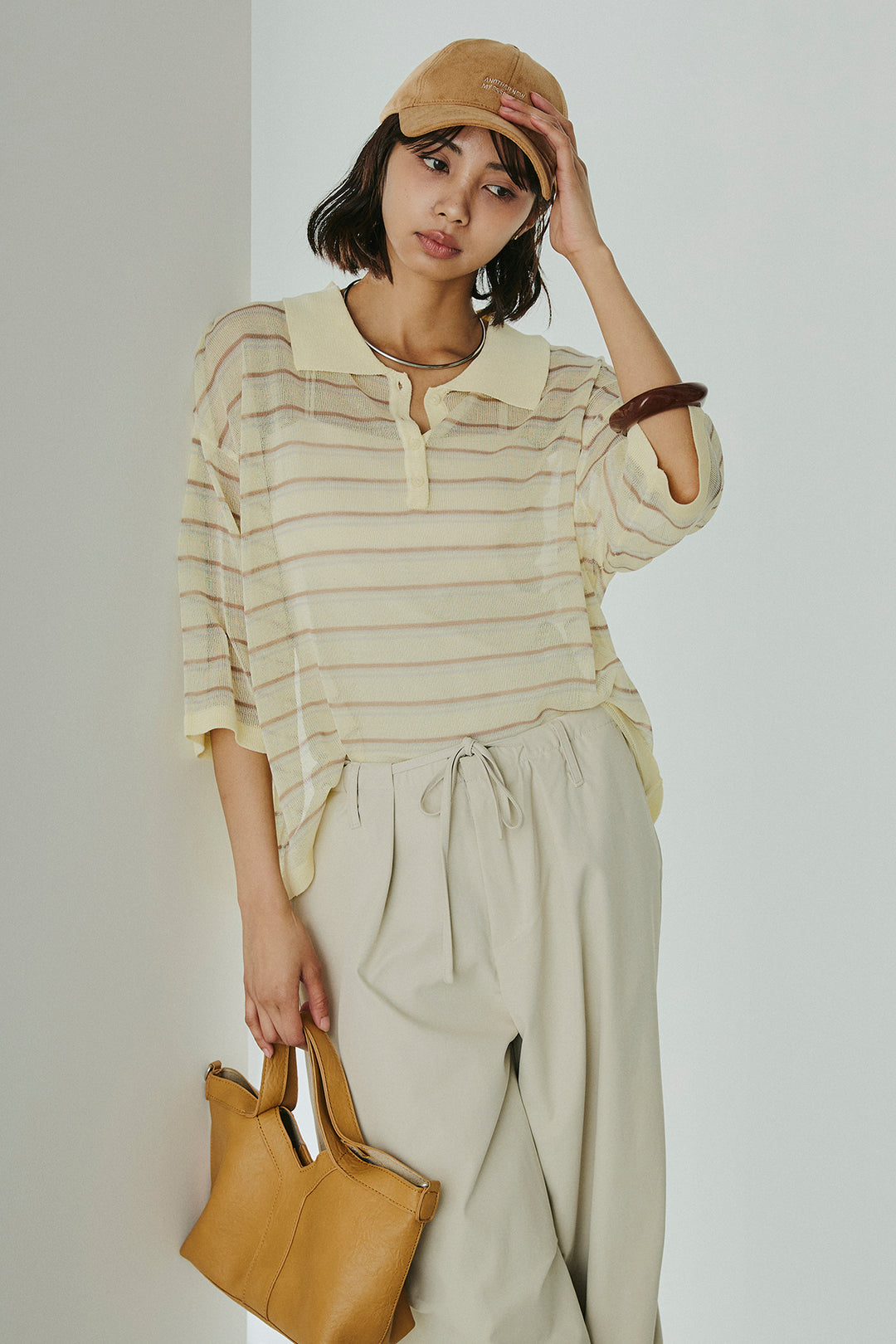 [SET]ボーダーニットポロシャツ+ニーサイドタックウエストドロスパンツ(2set)