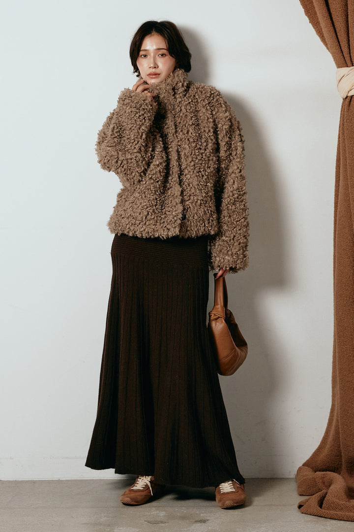 [SET]プードルファーミドルジャケット+編み地切り替えフレアニットスカート(2set)