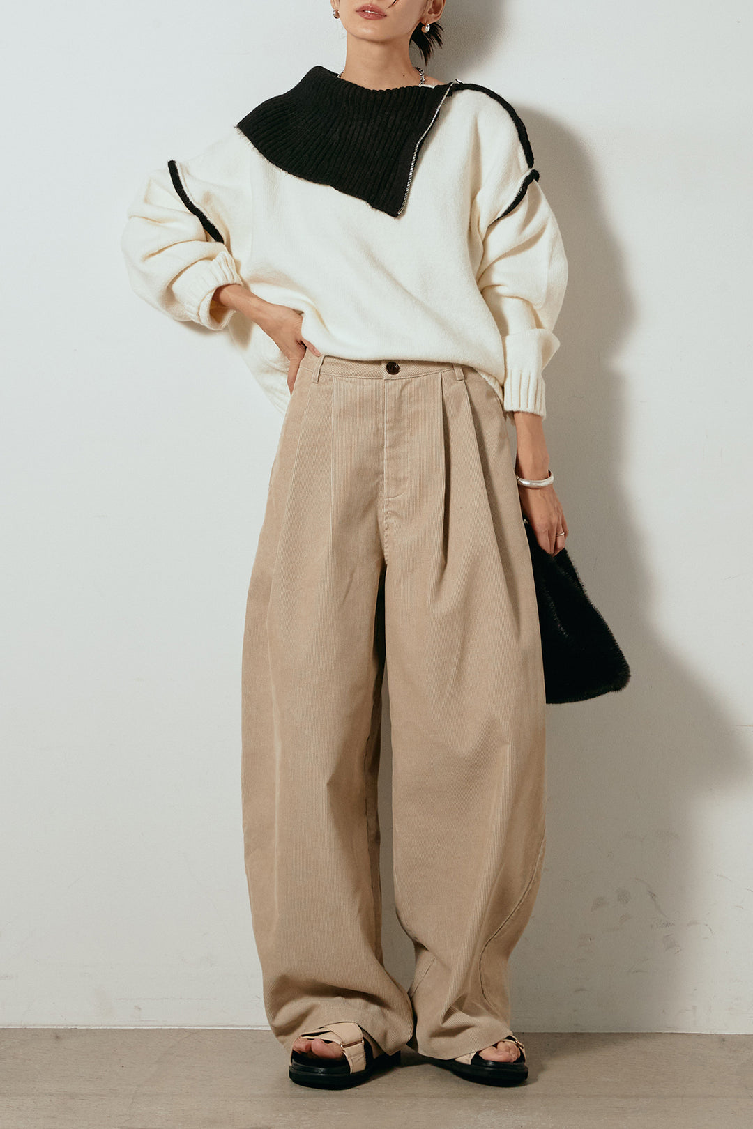 [SET]ハイネックジップデザインニットトップス+フロントタック入りコーデュロイパンツ(2set)