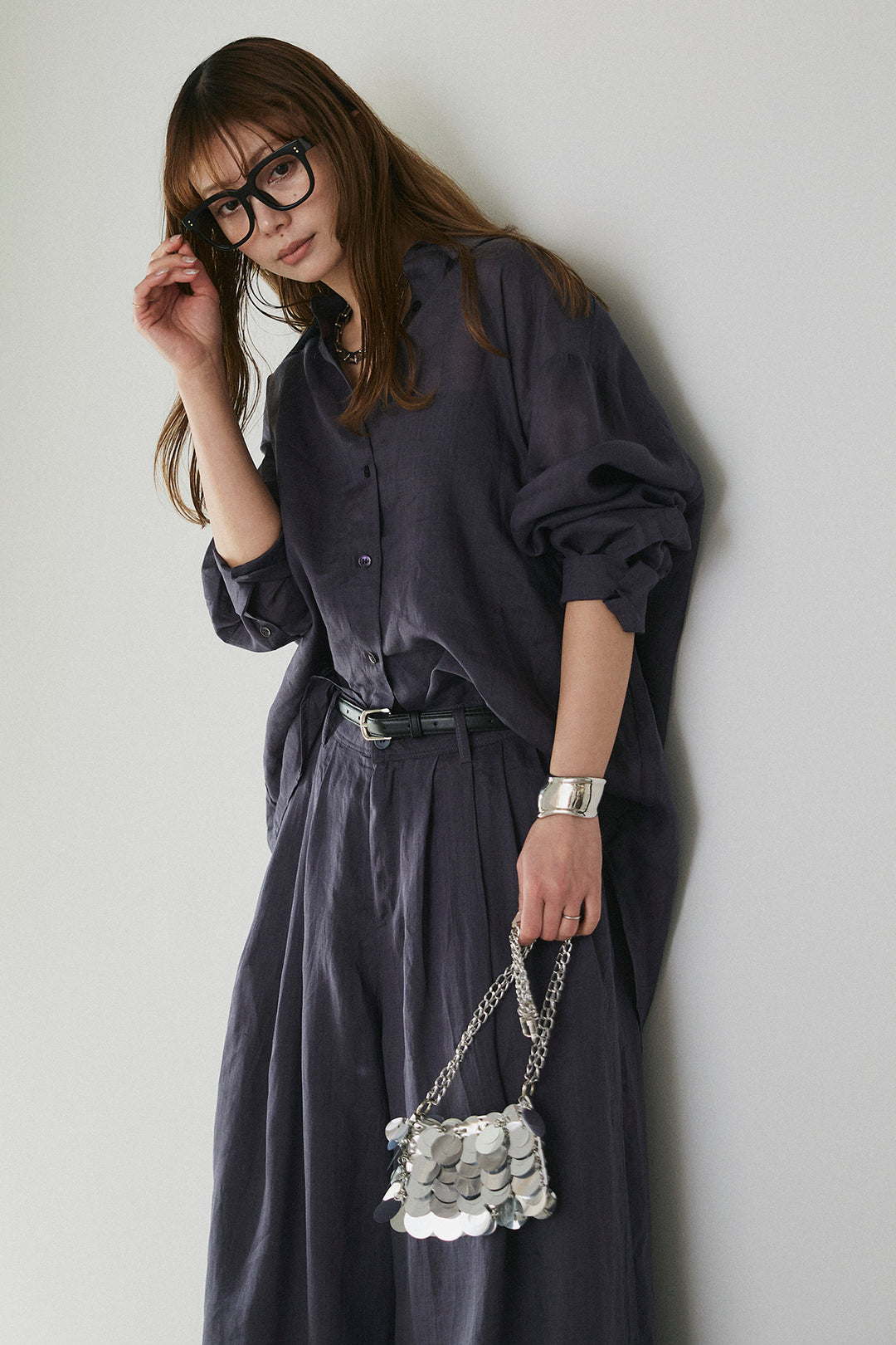 [SET]リラックスシアーシャツ+細ベルト付きシアーワイドパンツ(2set)