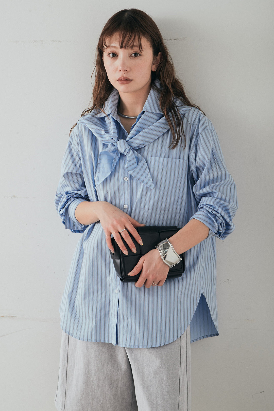 [SET]ランダムストライプスカーフ付きシャツ+デニムハーフパンツ(2set)