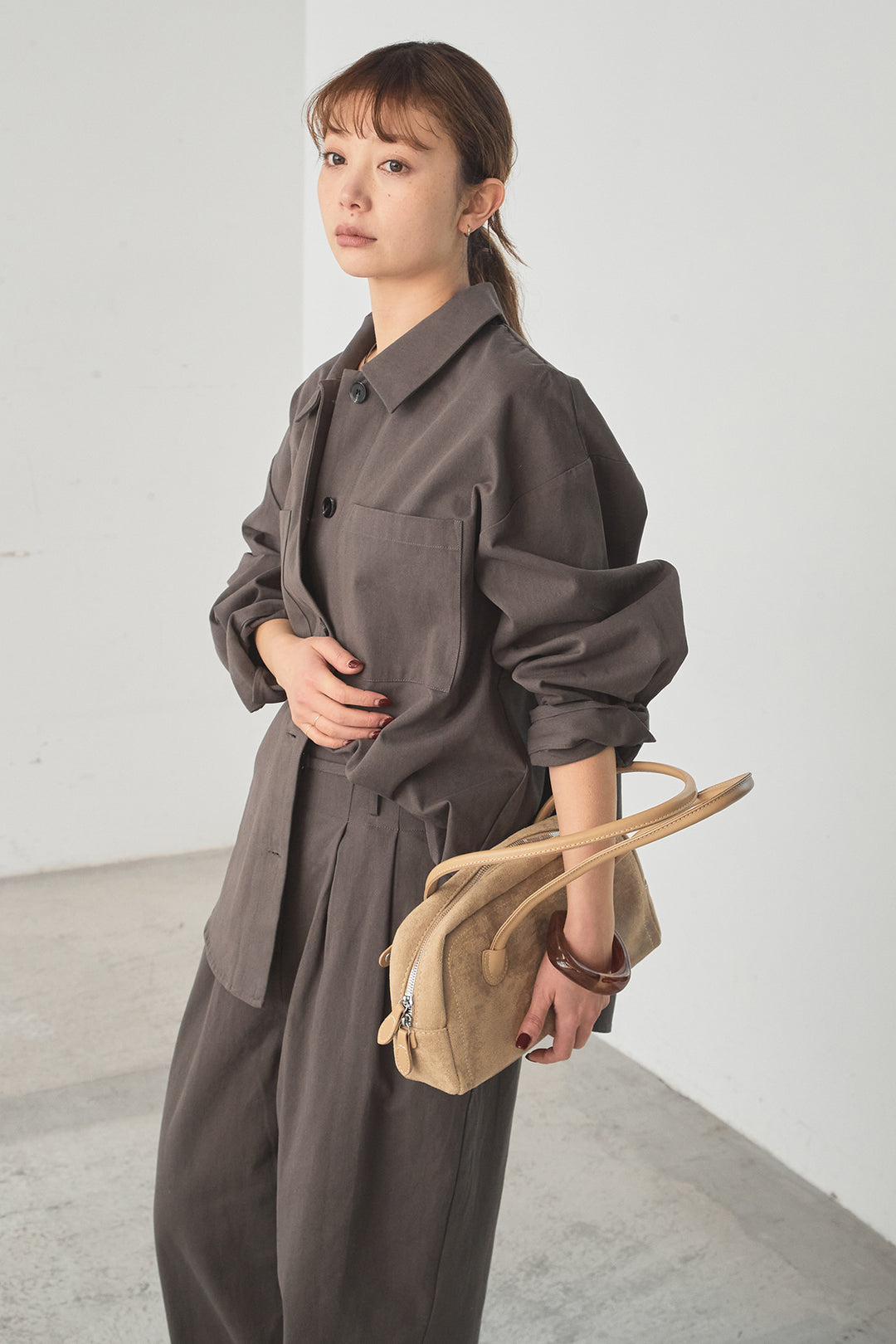 [SET]ツイルシャツジャケット+ツイルハイウエストタックパンツ(2set)