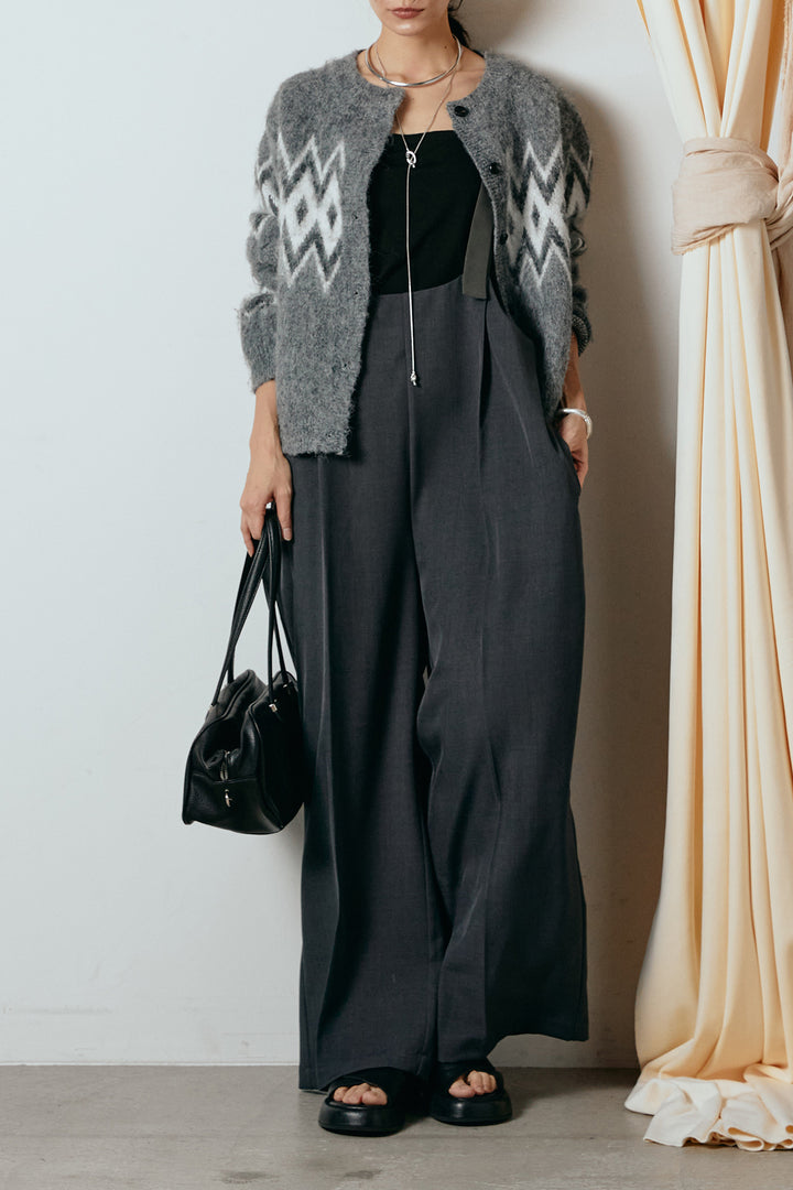 [SET]起毛ノルディック柄ニットカーディガン+ワイドツイルサロペット(2set)