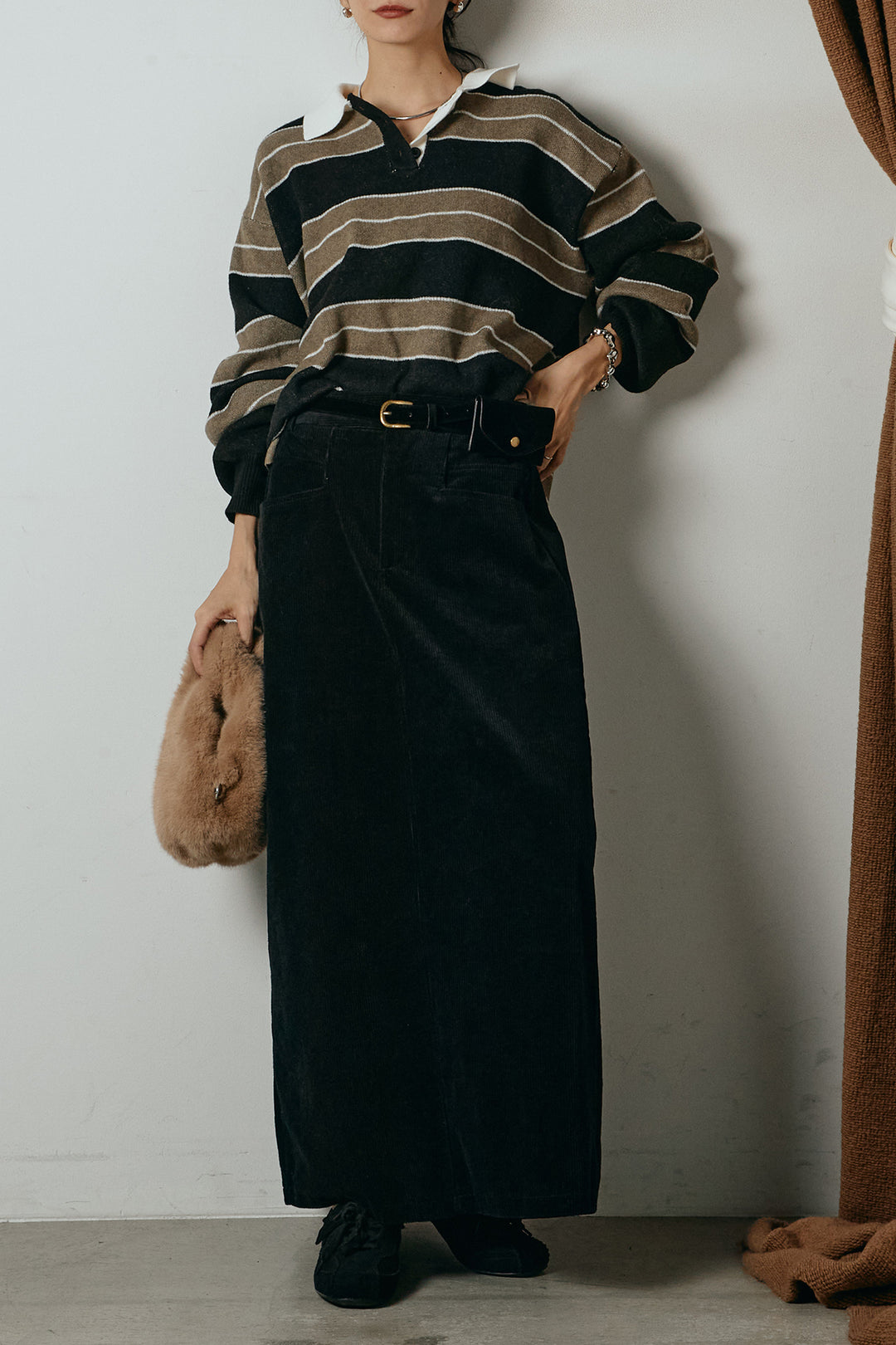[SET]ラガーニットボーダーポロプルオーバー+ポーチベルト付きコーデュロイワイドスカート(2set)