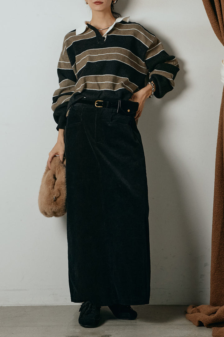 [SET]ラガーニットボーダーポロプルオーバー+ポーチベルト付きコーデュロイワイドスカート(2set)