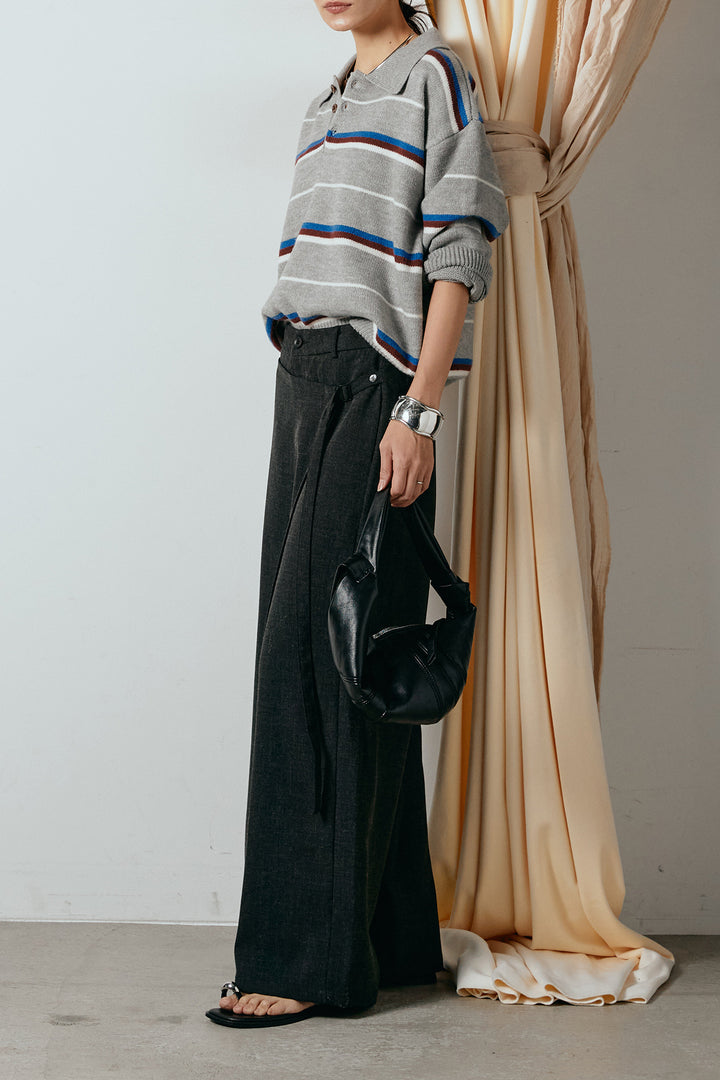 [SET]襟付きマルチボーダーニットポロトップス+ラップ巻きワイドスラックス(2set)