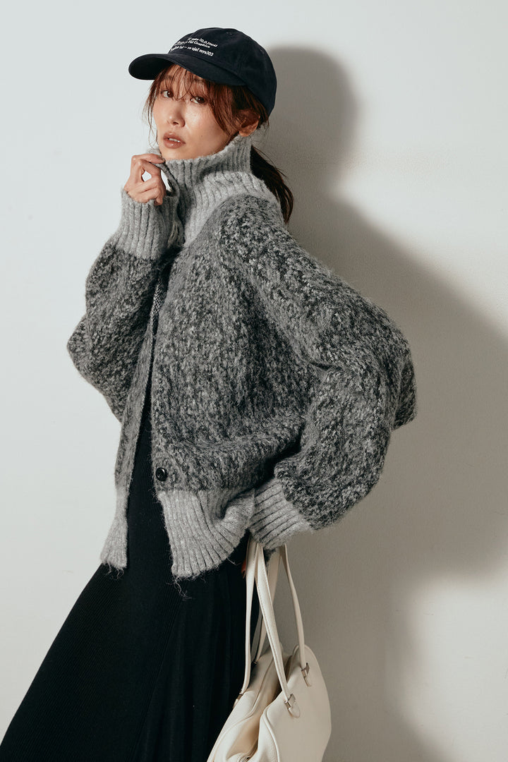 [SET]ハイネックミックスニットトップス+サイド切り替えリブニットロングスカート(2set)