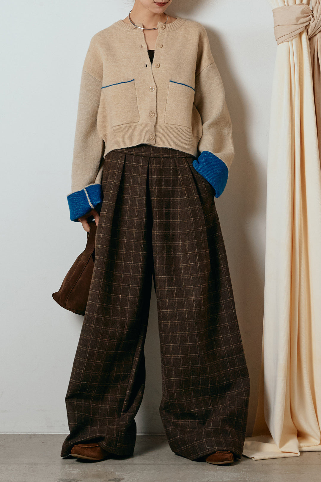 [SET]アルパカタッチダブルフェイスカーディガン+ウールライクチェックタックパンツ(2set)