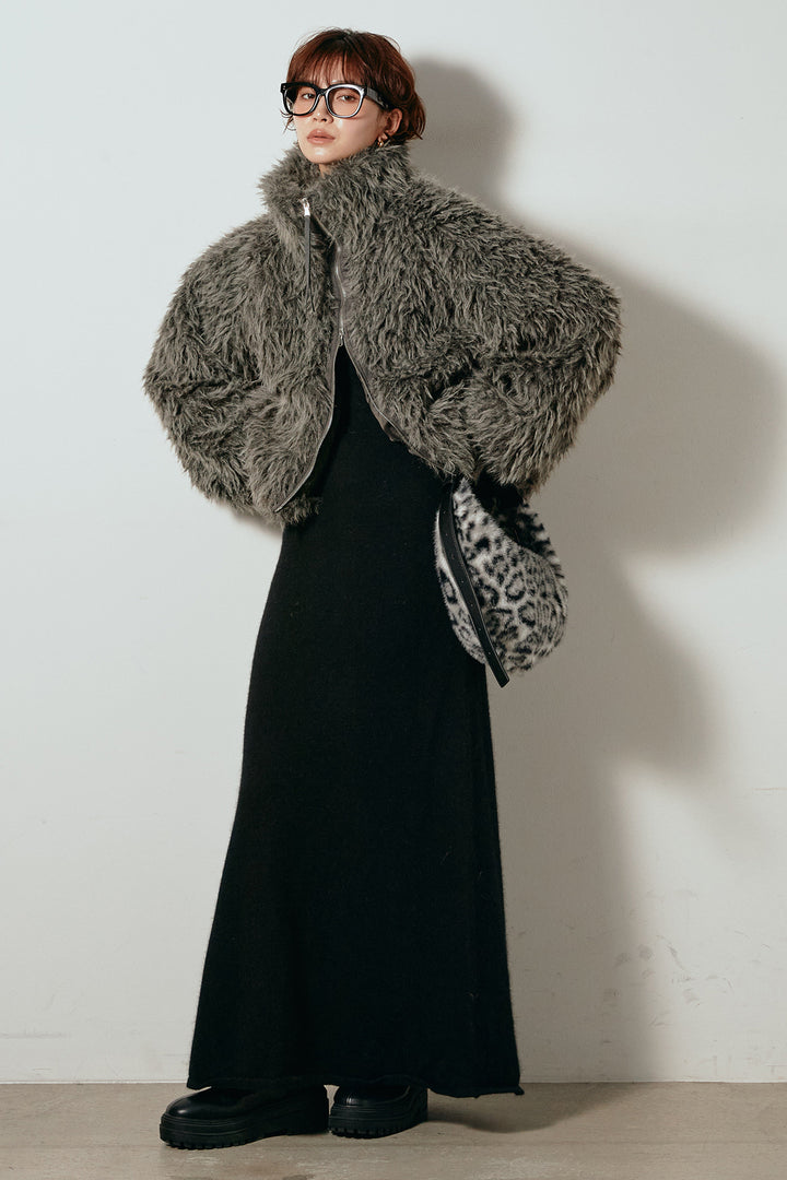 [SET]ミックスシープファースタンドブルゾン+ノースリーブニットロングワンピース(2set)