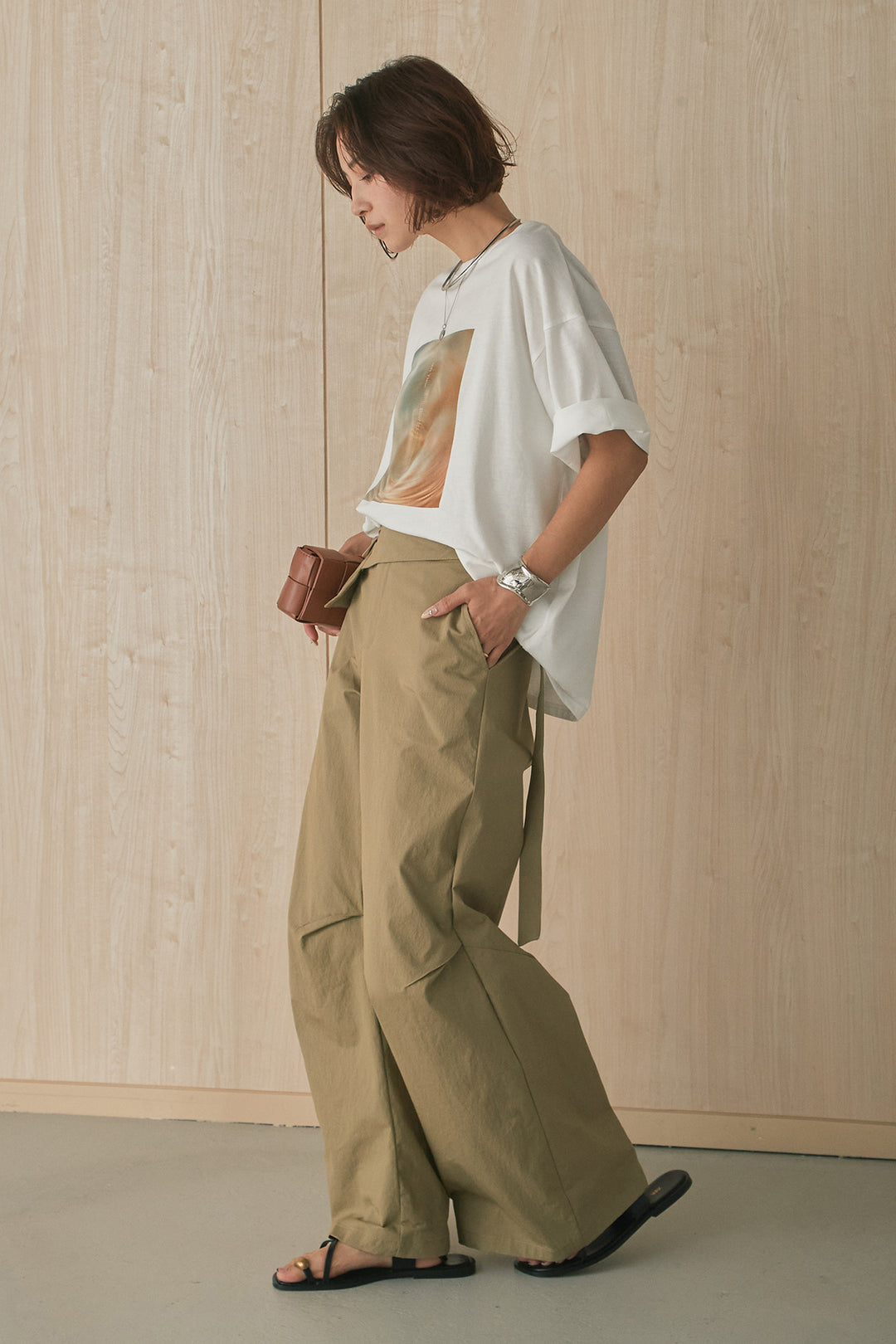 [SET]MarbleプリントTシャツ+ポケットベルト付きニーサイドタックパンツ(2set)