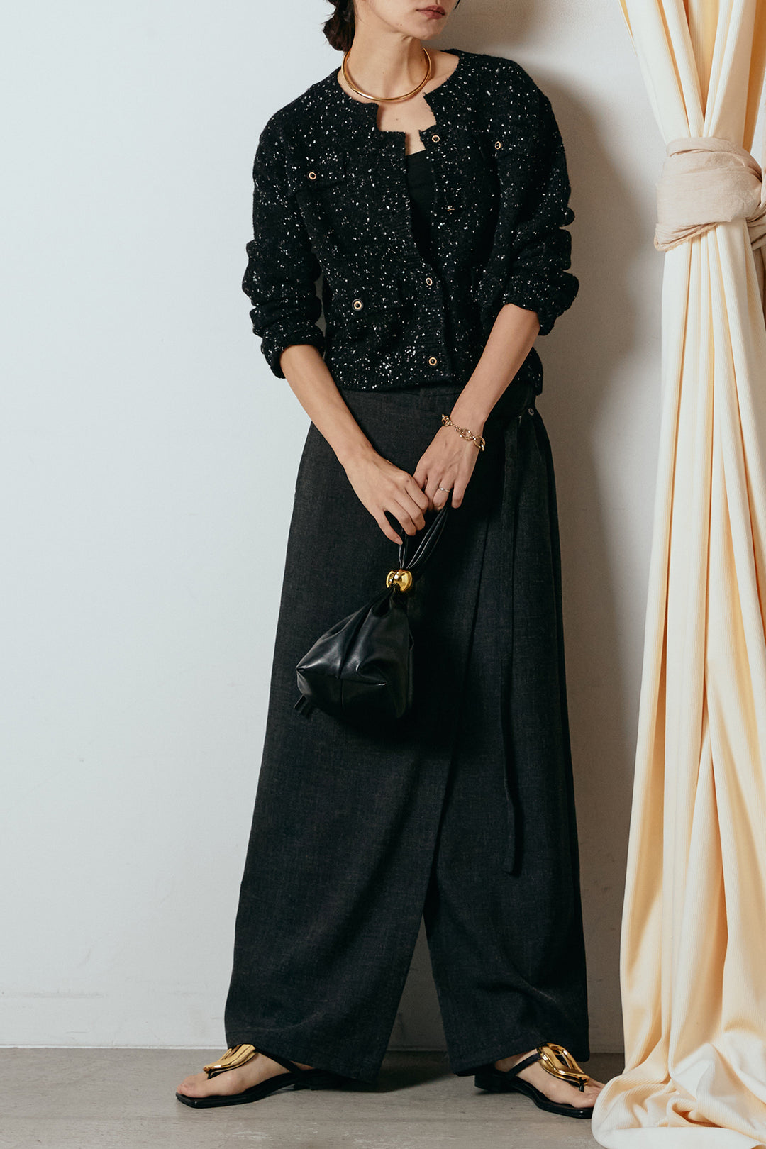 [SET]ネップニットカーディガン+ラップ巻きワイドスラックス(2set)