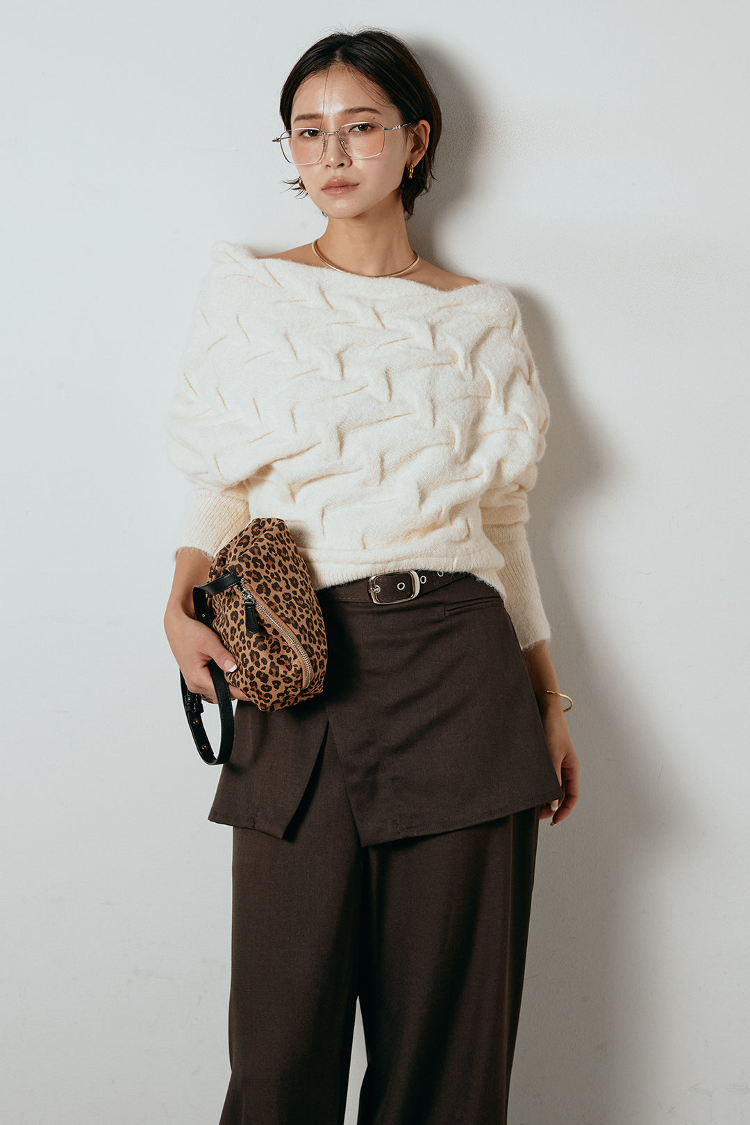 [SET]ボートネックニットトップス+ベルト付きウエストデザインパンツ(2set)