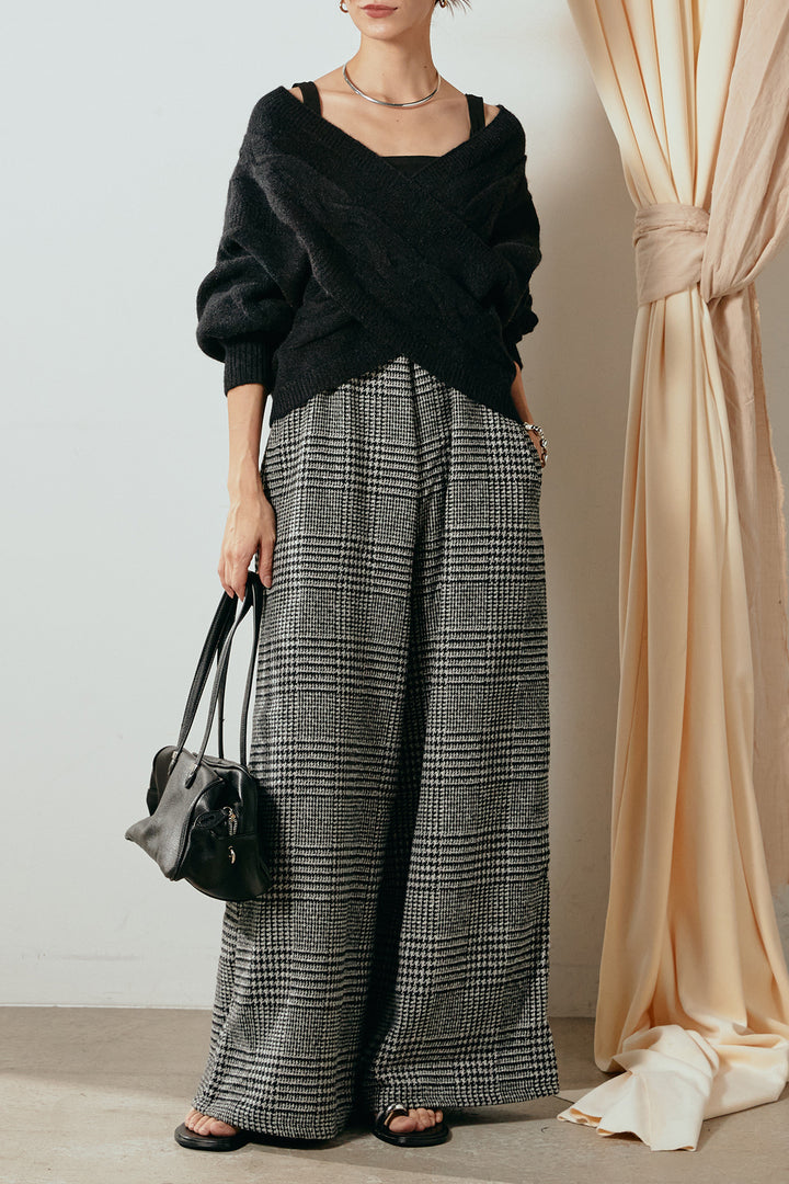 [SET]ケーブルカシュクールニットトップス+前後2wayグレンチェック柄スカーチョサロペット(2set)