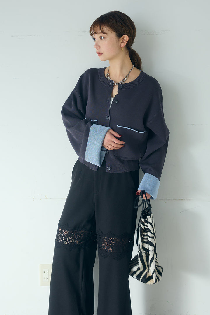 [SET]レーヨンポリダブルフェイスカーディガン+レース刺繍切替ワイドパンツ(2set)